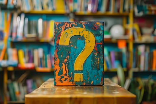 A wooden table with a colorful box on top of it. The box has a question mark on it. The table is surrounded by bookshelves filled with books. Scene is curious and inviting. Generative AI