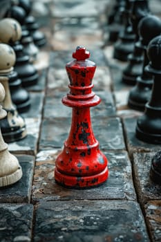 Red chess piece is standing on top of black chest. Generative AI.