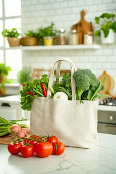 Bag filled with vegetables on kitchen counter. Generative AI.