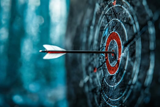 Close up of arrow hitting the bullseye. Generative AI.