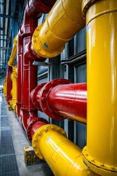 Large pipe with red and yellow pipes. Generative AI.