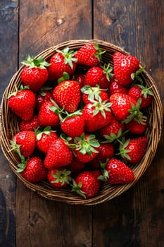 Basket of strawberries on wooden table. Generative AI.