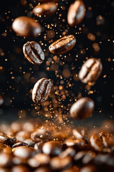 Coffee beans falling into the air. Generative AI.