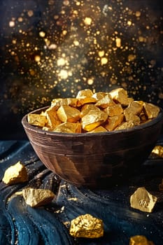 A bowl full of gold rocks on a dark surface. The gold rocks are scattered around the bowl, creating a sense of abundance and wealth. The dark background adds a sense of mystery. Generative AI