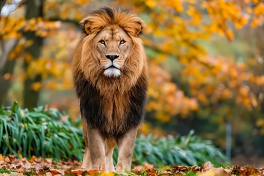 Lion standing in the middle of field. Generative AI.