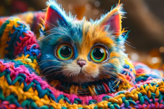 Colorful cat with big eyes is wrapped in blanket. Generative AI.