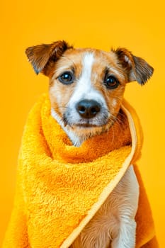 Small dog wrapped in towel on orange background. Generative AI.
