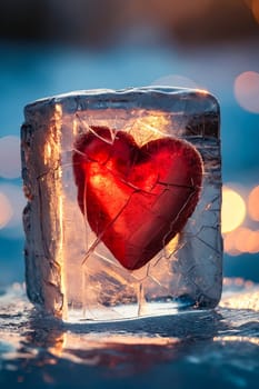 Heart is frozen in ice cube. Generative AI.