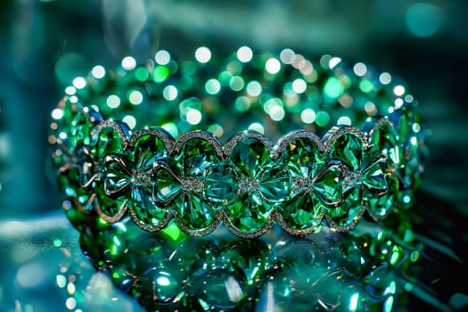 Green crystal bracelet with sparkles. Generative AI.