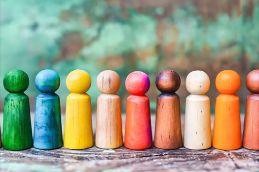 A row of wooden figurines with different colors and sizes. The figurines are arranged in a line, with some standing upright and others leaning against each other. Concept of diversity and unity. Generative AI