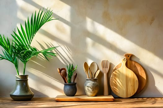 Wooden cutting board and palm leaf on shelf. Generative AI.