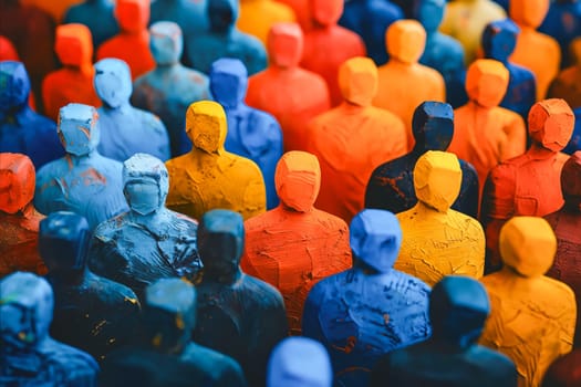A group of people are painted in different colors, with some being blue and others being red. The scene is a representation of a diverse group of people coming together. Generative AI