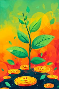 A painting of a plant with coins on the ground. The painting has a bright and colorful feel to it, with the plant and coins being the main focus. Generative AI