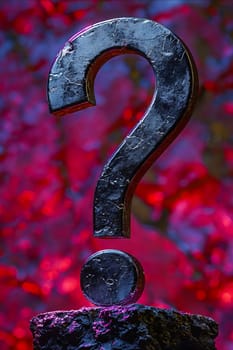 A black question mark is on a red background. The question mark is made of metal and he is floating in the air. The red background gives the image a mysterious and ominous mood. Generative AI