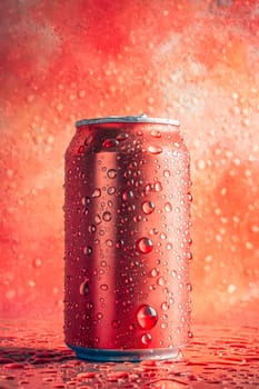 Red can of soda with water droplets on it. Generative AI.