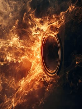 Speaker is on fire with flames behind it. Generative AI.