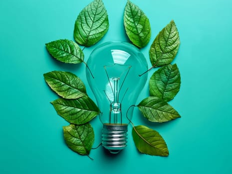 Light bulb with green leaves on blue background. Generative AI.