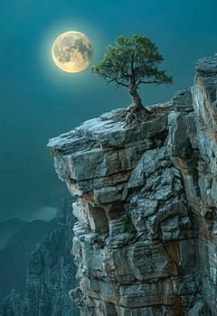Lone tree on top of mountain with the moon in the background. Generative AI.