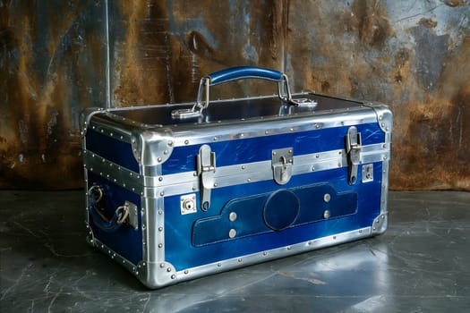 A blue suitcase with a silver handle sits on a grey surface. The suitcase is made of metal and has a shiny appearance. Generative AI