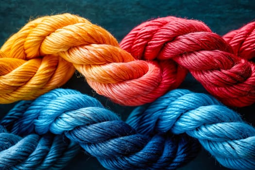 Close up of colorful yarn on dark background. Generative AI.