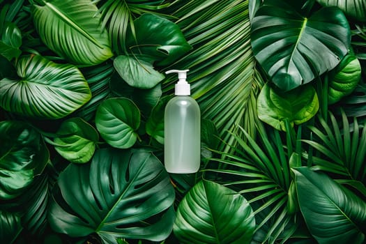A bottle of lotion is placed on a green leafy background. The bottle is white and clear, and it is surrounded by a variety of green leaves. Concept of freshness and natural beauty. Generative AI