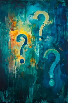 A painting of three blue and yellow question marks. Generative AI