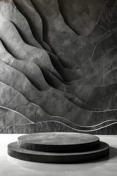 Black and white stone wall with circular platform. Generative AI.