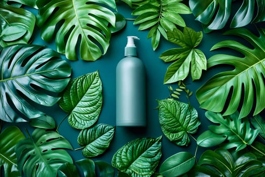 A bottle of lotion is surrounded by green leaves. The bottle is placed in the center of the leaves, with some leaves overlapping it. Scene is natural and calming. Generative AI