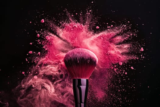 Pink makeup brush is being sprayed with powder. Generative AI.