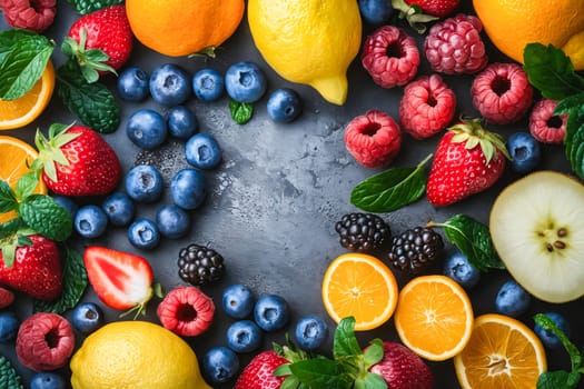 Variety of fruits are arranged on dark background. Generative AI.