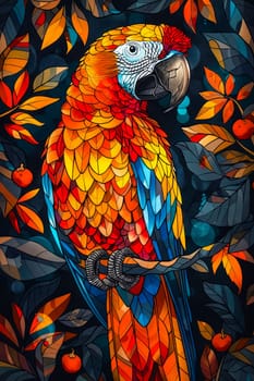 Colorful parrot sitting on branch with leaves. Generative AI.