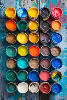 Group of paint cans on wooden table. Generative AI.