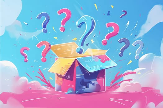 A box with many questions written on it. Scene is curious and playful. Generative AI
