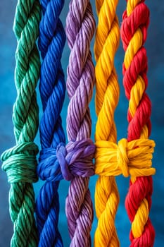 Colorful rope tied together with knot. Generative AI.