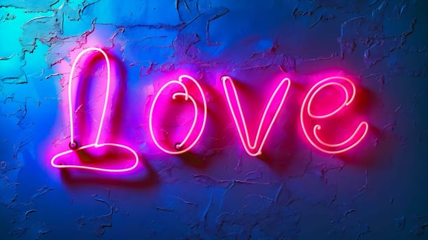 Love neon sign on blue wall. Generative AI.