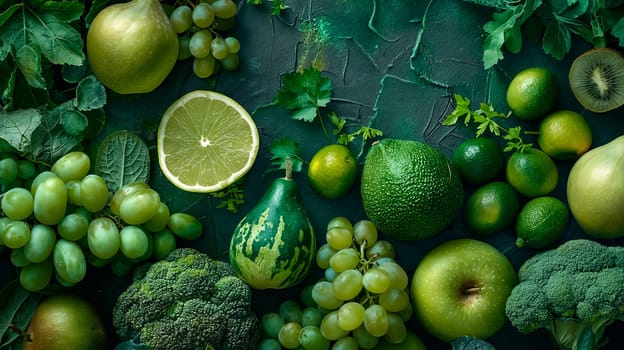 A green fruit and vegetable display with a variety of produce including apples, grapes, and broccoli. Concept of freshness and health, as the fruits and vegetables are all bright and vibrant in color. Generative AI