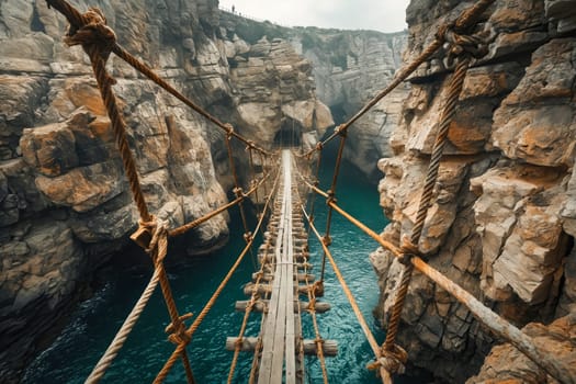 Rope bridge over gorge. Generative AI.