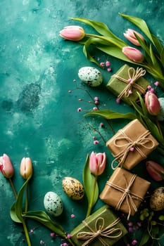 Easter background with tulips and eggs. Generative AI.