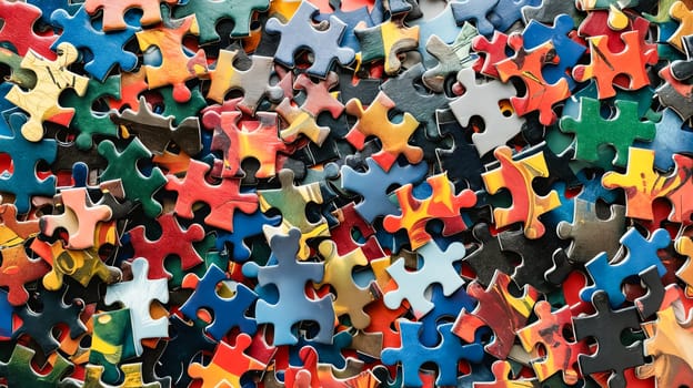Pile of colorful puzzle pieces. Generative AI.