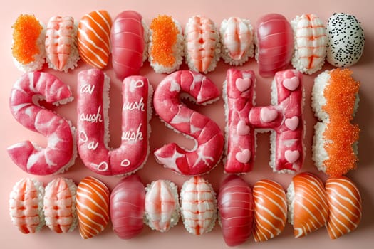 Sushi word made of colorful candy. Generative AI.