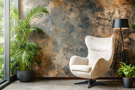 Chair in front of window with plants. Generative AI.