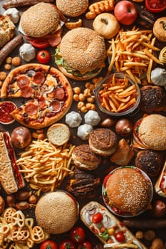 Large pile of fast food and other foods. Generative AI.