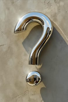A silver question mark is hanging on a wall. The question mark is made of metal and has a shiny, reflective surface. Concept of curiosity and intrigue. Generative AI