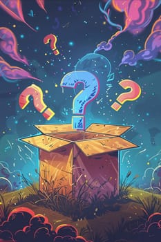 A box with a question mark on it is on a grassy field. The box is open and there are three other question marks in the background. Generative AI