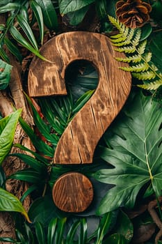 A wooden question mark is surrounded by green leaves and branches. Concept of curiosity and wonder, as the question mark is placed in the middle of a lush, natural environment. Generative AI