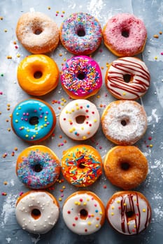 Group of donuts with sprinkles and frosting. Generative AI.