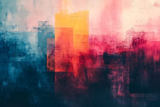 Abstract painting of cityscape with blue, pink and yellow colors. Generative AI.