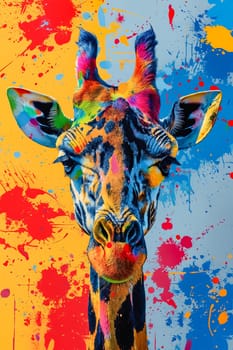 Giraffe with colorful paint splatters on its face. Generative AI.
