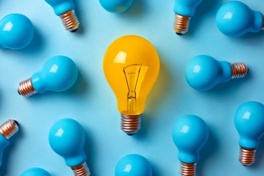 Light bulb is surrounded by many blue bulbs. Generative AI.