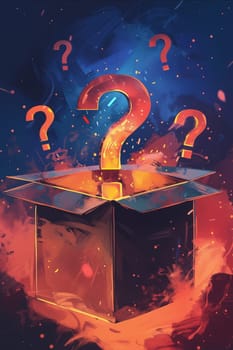 A box with three red question marks on it. The box is open and the questions are floating around it. Generative AI